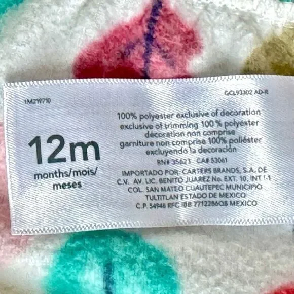 Carter’s Baby Girl Sleeveless Colorful Leaf Print Hooded Fleece Vest. 12 Months. - Picture 4 of 4